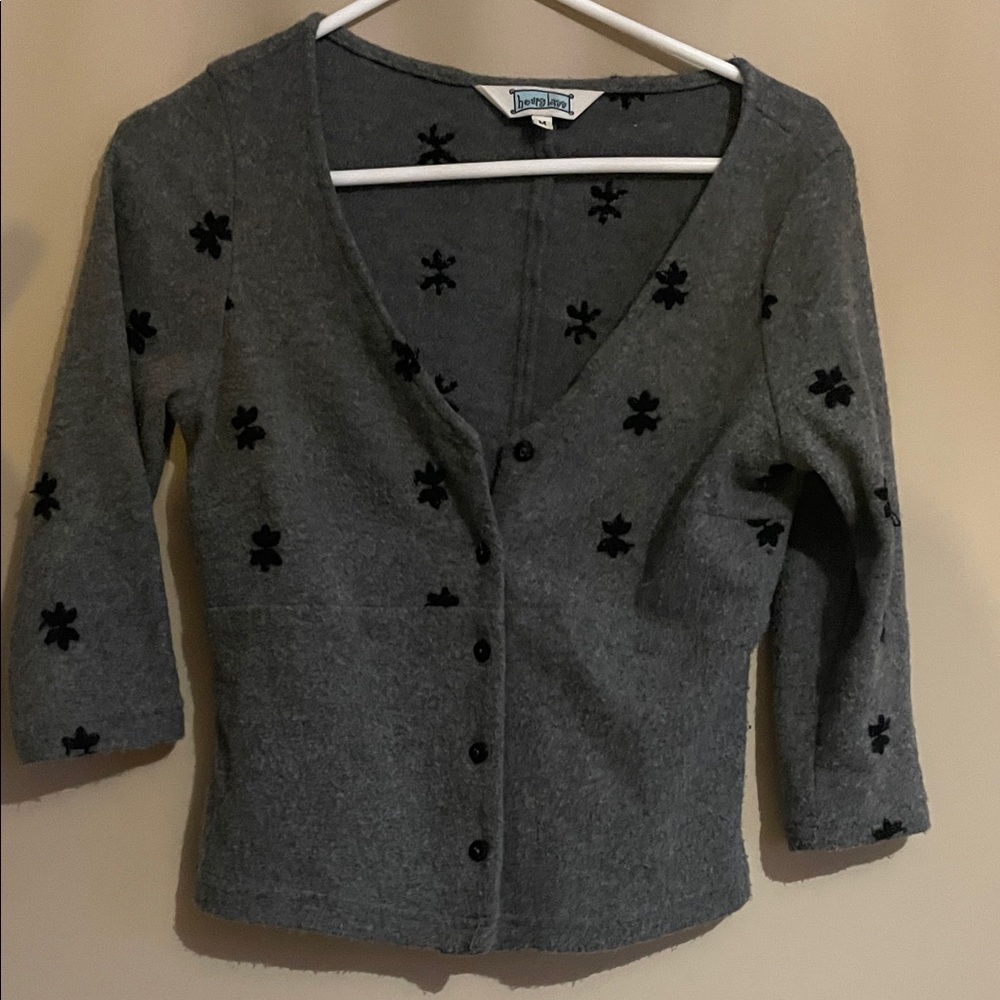 Hourglass Gray Cardigan with Black Floral Accents